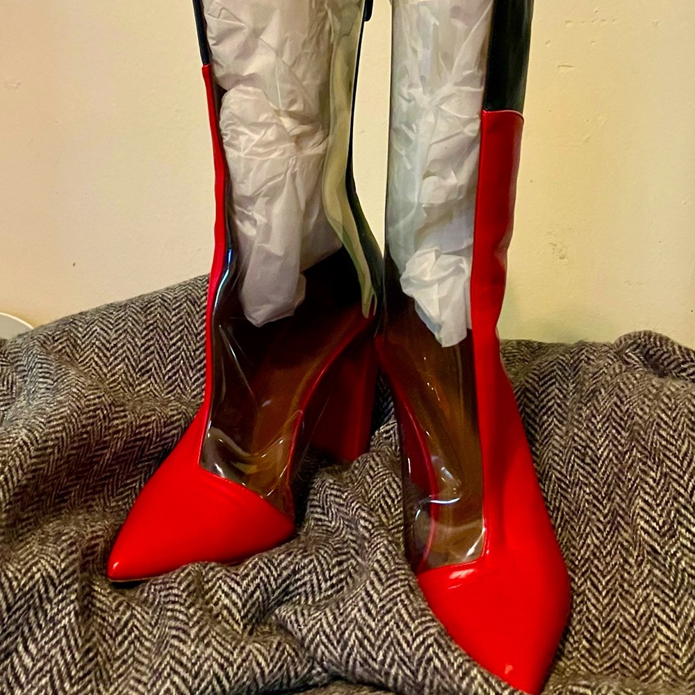 Malone Souliers Red & Navy lambskin boots with see through grey vinyl panels 38